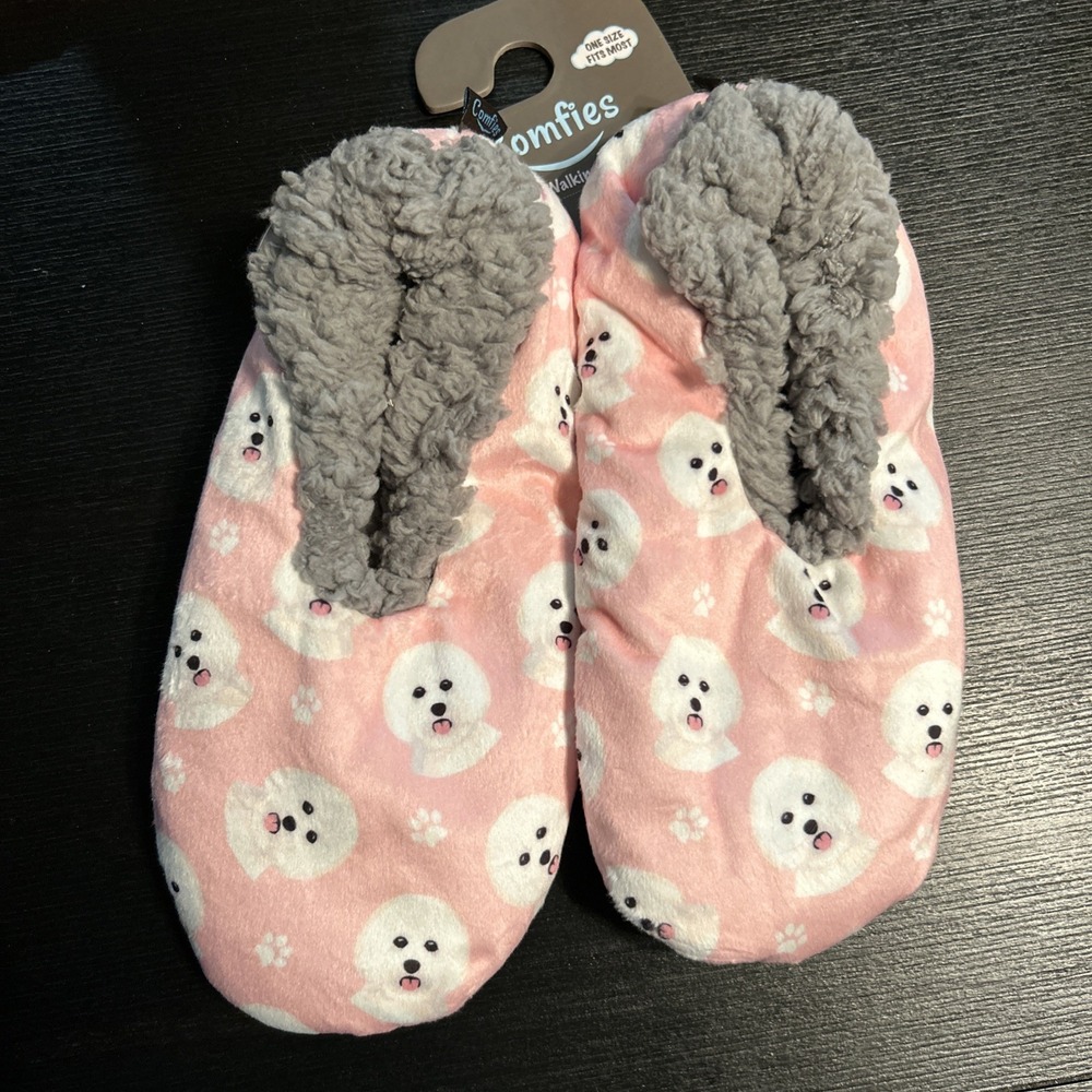 Comfies Slippers Non Slip Comfies Dog Design One Size‎ Bichon Frise Pink White
